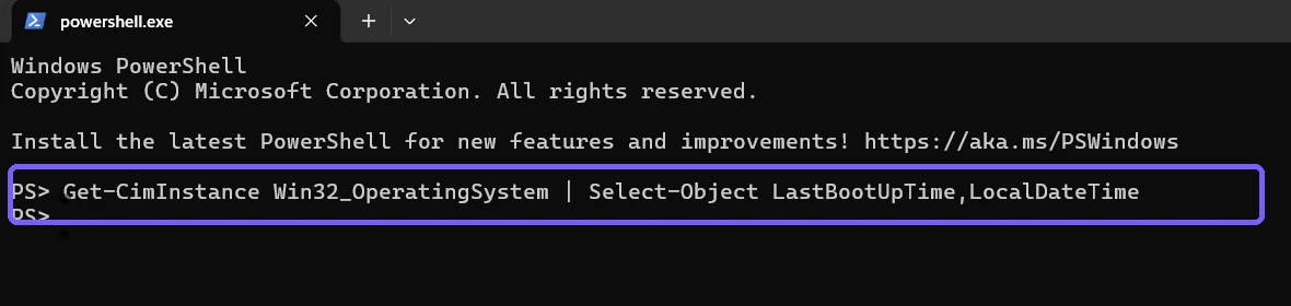 PowerShell LastBootUpTime CIM query outlined in purple