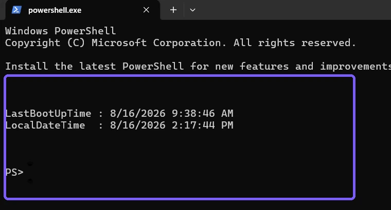 Windows LastBootUpTime and LocalDateTime result outlined in purple