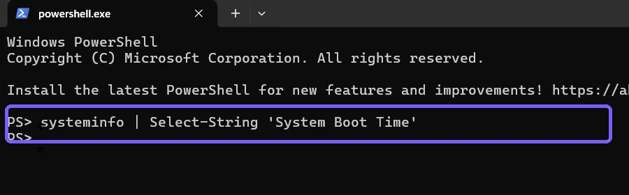 PowerShell systeminfo System Boot Time filter outlined in purple