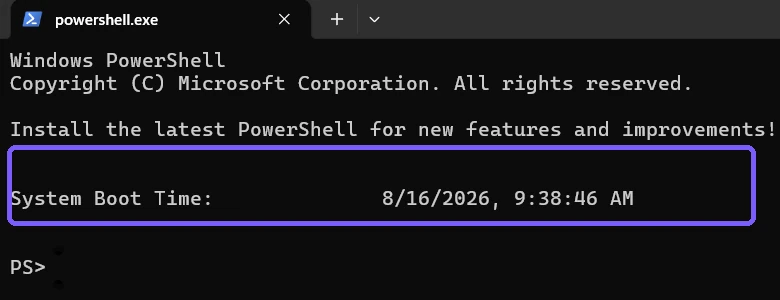 Systeminfo boot time result matching the CIM timestamp outlined in purple