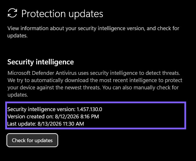 Windows 11 Protection updates page showing the Microsoft Defender security intelligence version, creation time, and last update outlined in WinSides purple