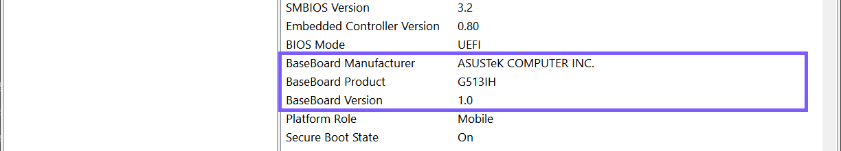 System Information showing BaseBoard Manufacturer, Product, and Version fields outlined in purple