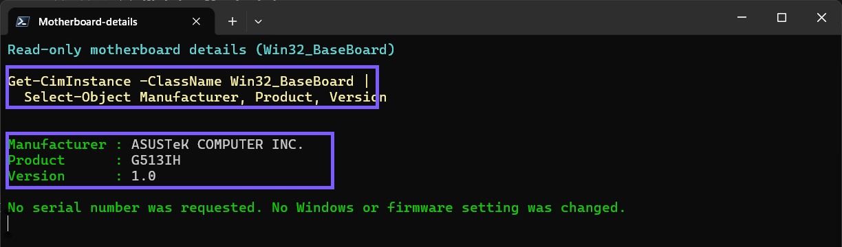 PowerShell showing a Win32 BaseBoard query and motherboard manufacturer, product, and version outlined in purple
