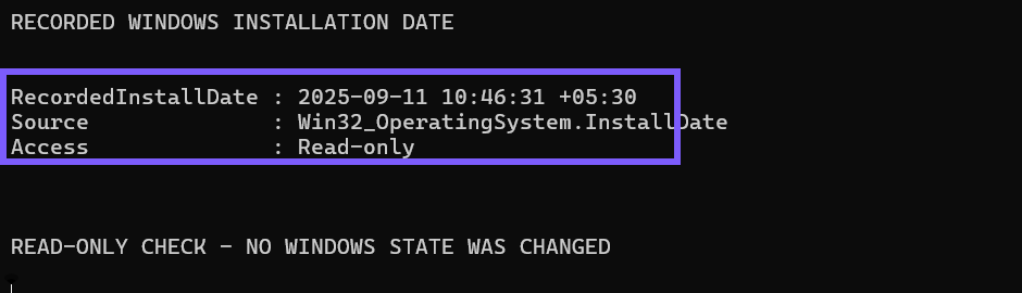 Windows PowerShell showing the recorded Windows 11 installation date and read-only CIM source outlined in WinSides purple