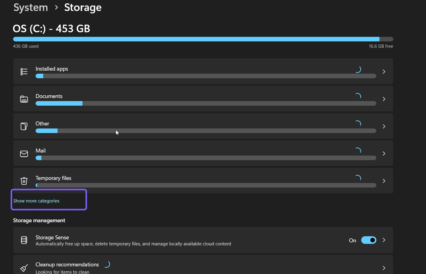 Windows 11 System Storage settings with Show more categories visible