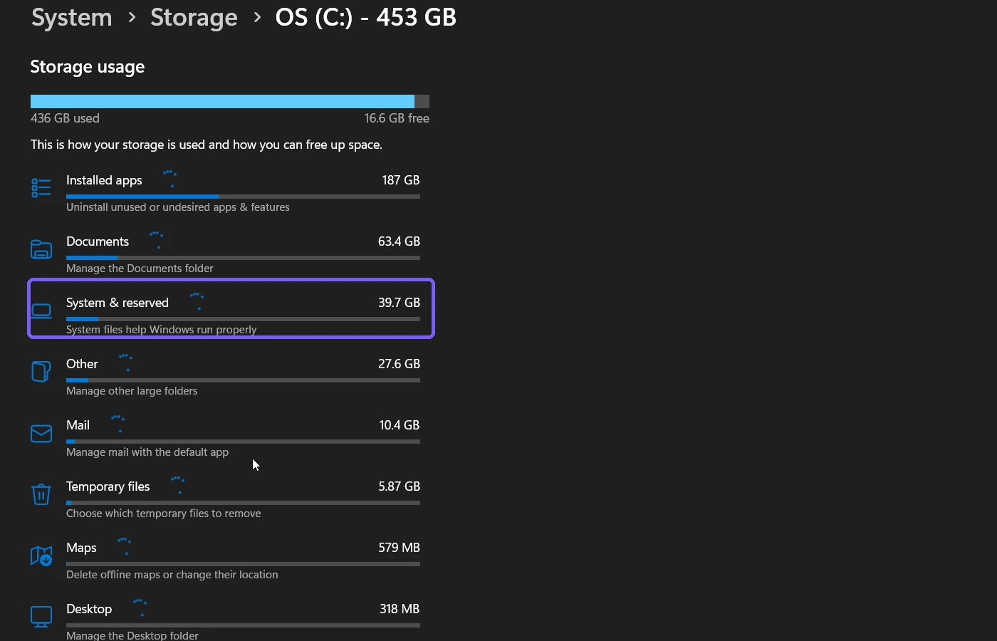 Windows 11 Storage usage list with System and reserved highlighted