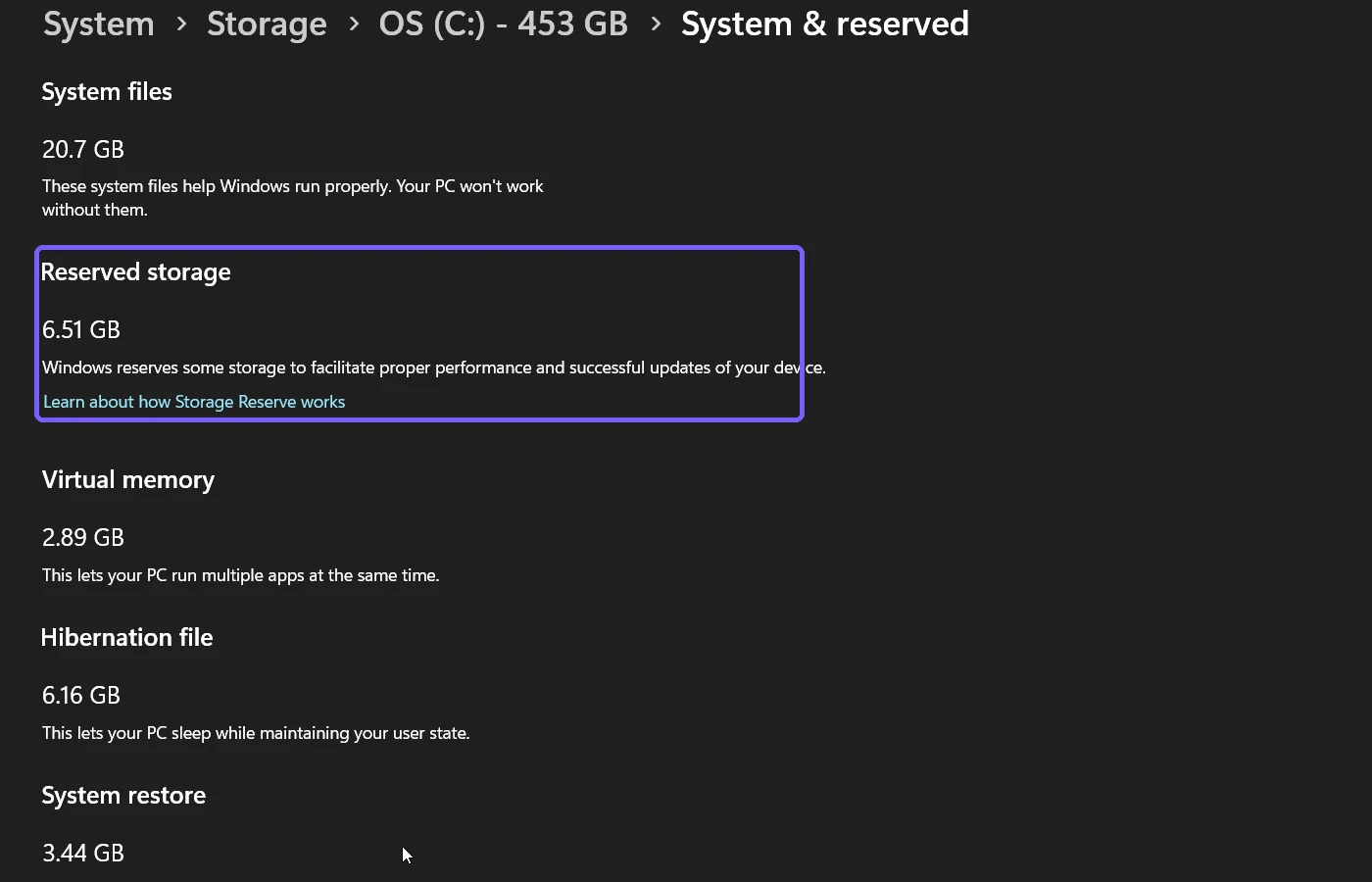 Windows 11 System and reserved page showing the Reserved storage value