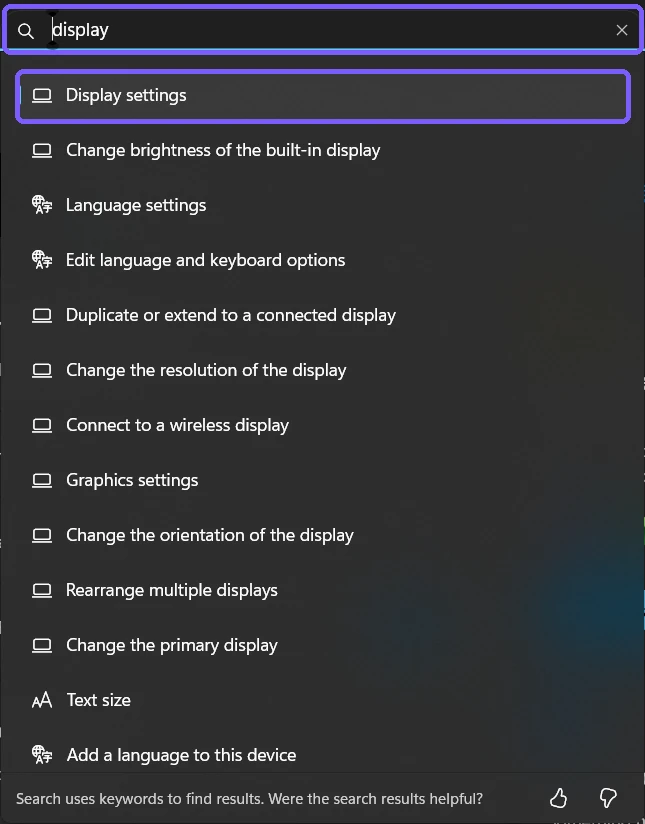 Windows 11 Settings search results for the query display