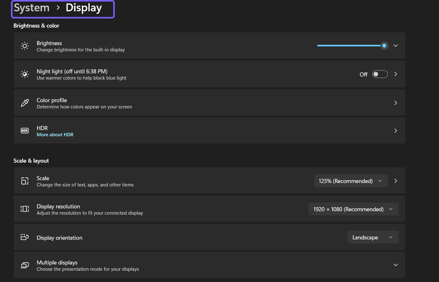 Windows 11 System Display page opened from a Settings search result