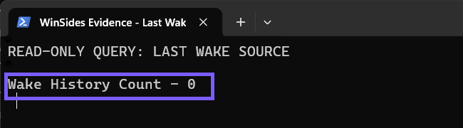 Windows Terminal showing a successful powercfg lastwake query with Wake History Count zero outlined in WinSides purple