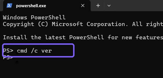 Windows Terminal showing cmd slash c ver outlined in purple