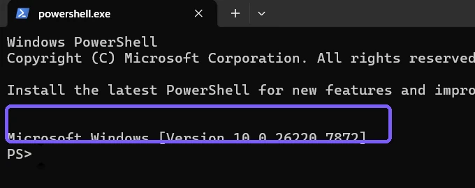 Windows ver result showing internal version 10.0.26220.7872 outlined in purple