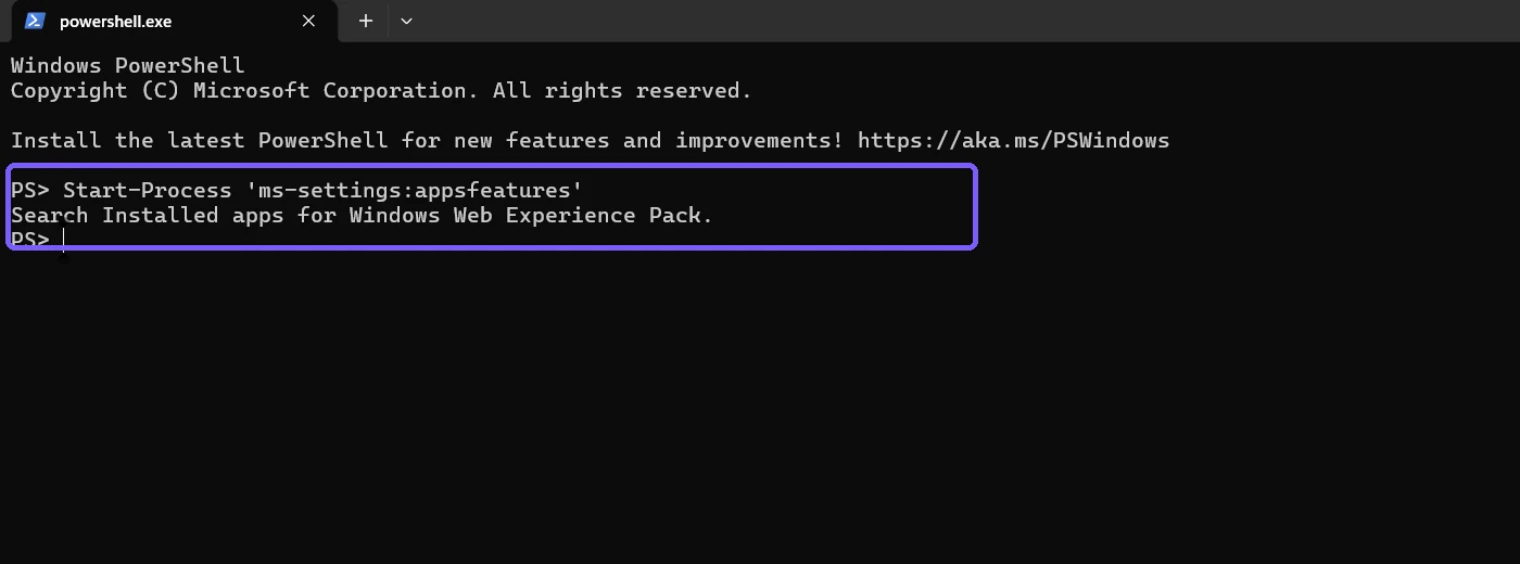 PowerShell showing the Windows 11 Installed apps Settings URI