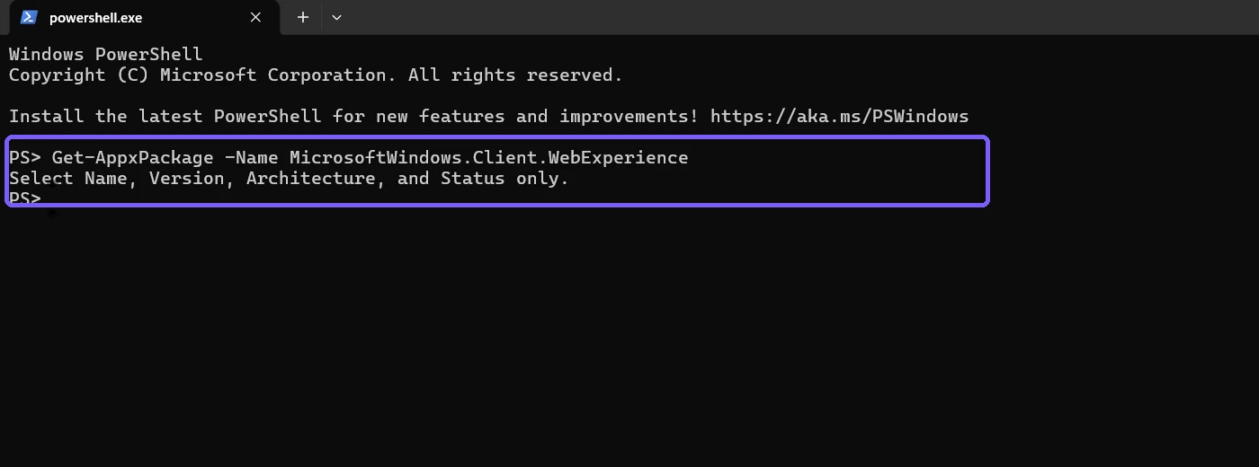 PowerShell showing the exact Windows Web Experience Pack query
