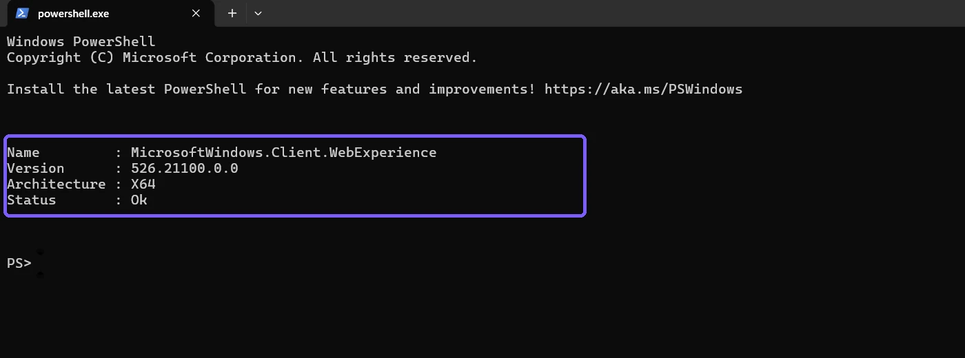 PowerShell result showing Windows Web Experience Pack version 526.21100.0.0