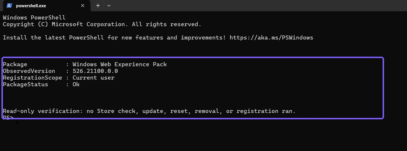 PowerShell verification of Windows Web Experience Pack version and current-user scope