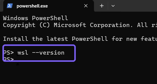 Windows Terminal showing the wsl version command outlined in purple