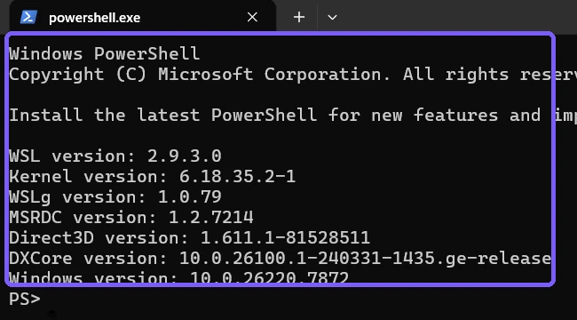 WSL version output showing version 2.9.3.0 and related components outlined in purple