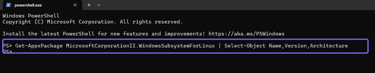 Windows Terminal showing the targeted WSL Get-AppxPackage command outlined in purple