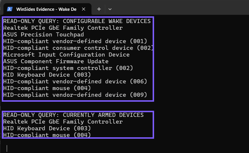 Windows Terminal lists configurable and currently armed wake devices with both result groups outlined in WinSides purple
