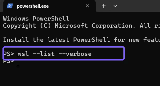 Windows Terminal showing the wsl list verbose command outlined in purple