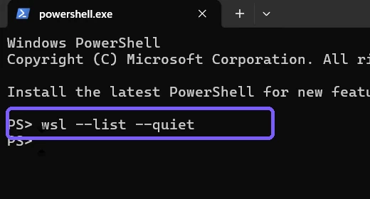 Windows Terminal showing the wsl list quiet command outlined in purple