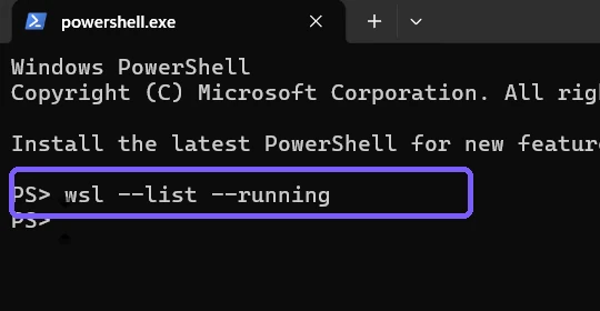 Windows Terminal showing the wsl list running command outlined in purple