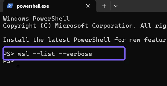Windows Terminal showing the wsl list verbose verification command outlined in purple