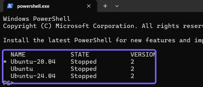 Verbose WSL list showing three installed distributions with State Stopped outlined in purple