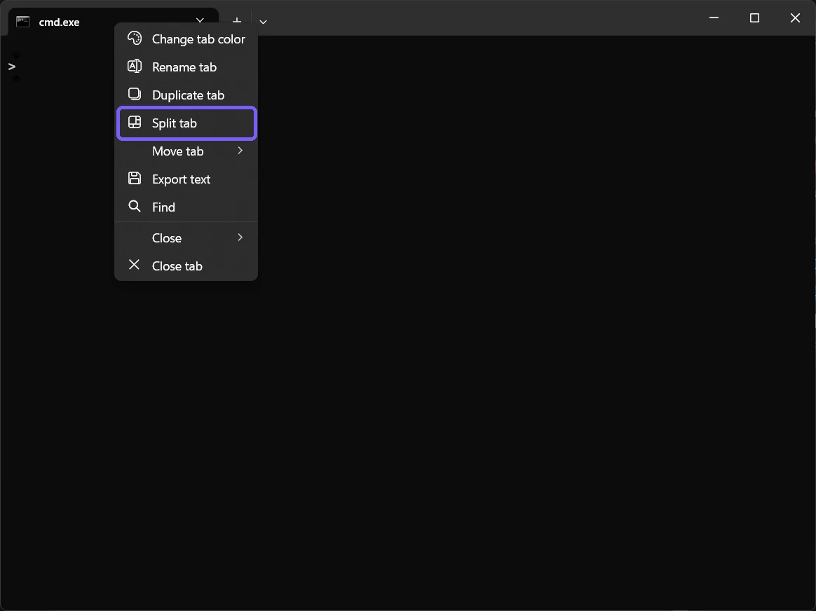 Windows Terminal tab menu with Split tab outlined in purple