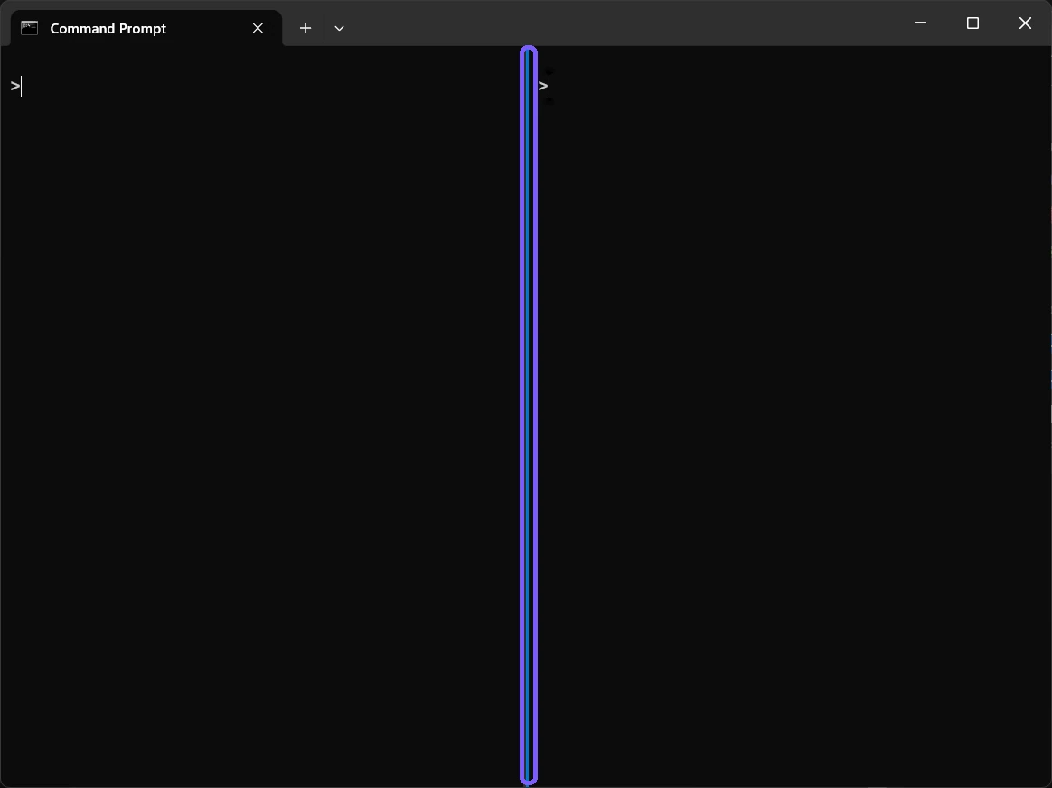 Windows Terminal tab divided into two blank panes with the divider outlined in purple