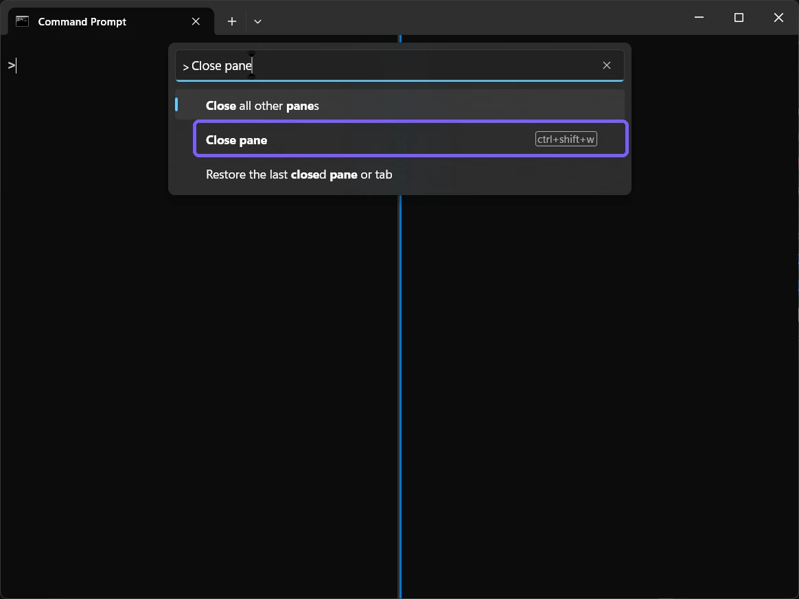 Windows Terminal Command Palette with Close pane and Ctrl Shift W outlined in purple