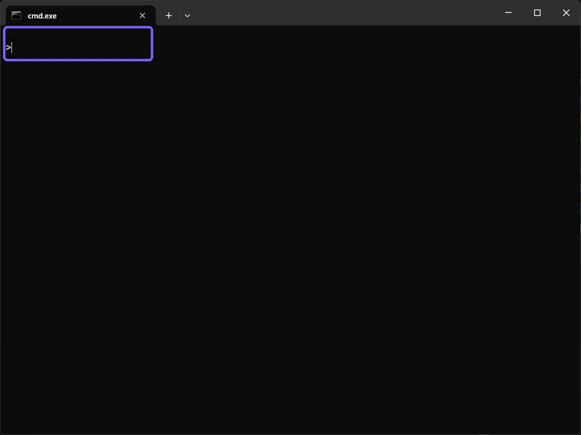 Windows Terminal restored to one blank pane with its prompt outlined in purple
