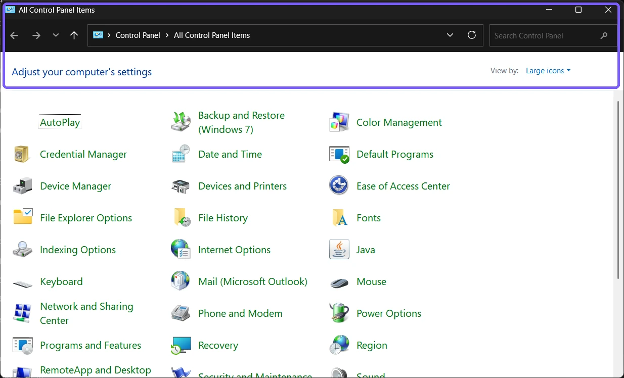 Windows 11 All Control Panel Items window in the existing Large icons view