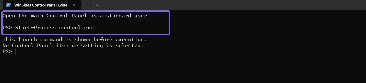 Anonymous PowerShell window showing Start-Process control.exe