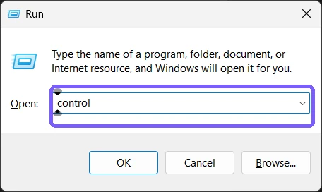 Windows 11 Run dialog with the control command entered