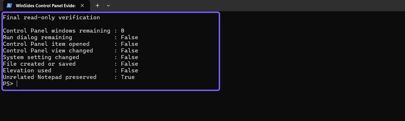 Anonymous PowerShell showing the final Control Panel no-residue verification