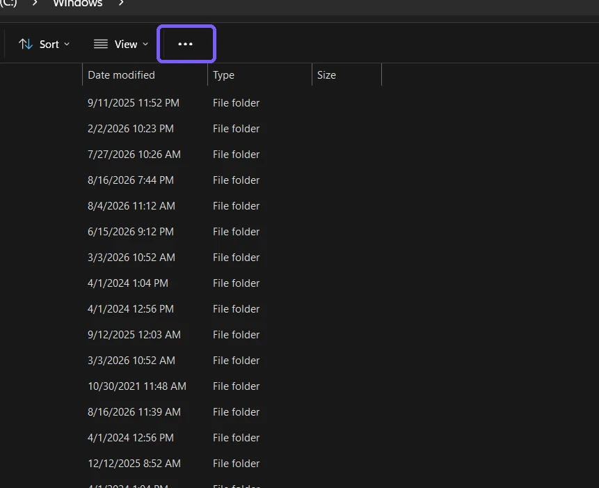 Windows 11 File Explorer command bar with the More options button highlighted