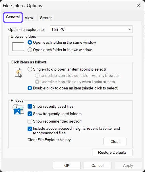 Windows 11 File Explorer Options dialog open on the General tab