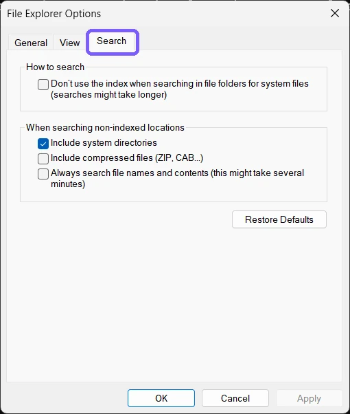 Windows 11 File Explorer Options dialog with the Search tab selected