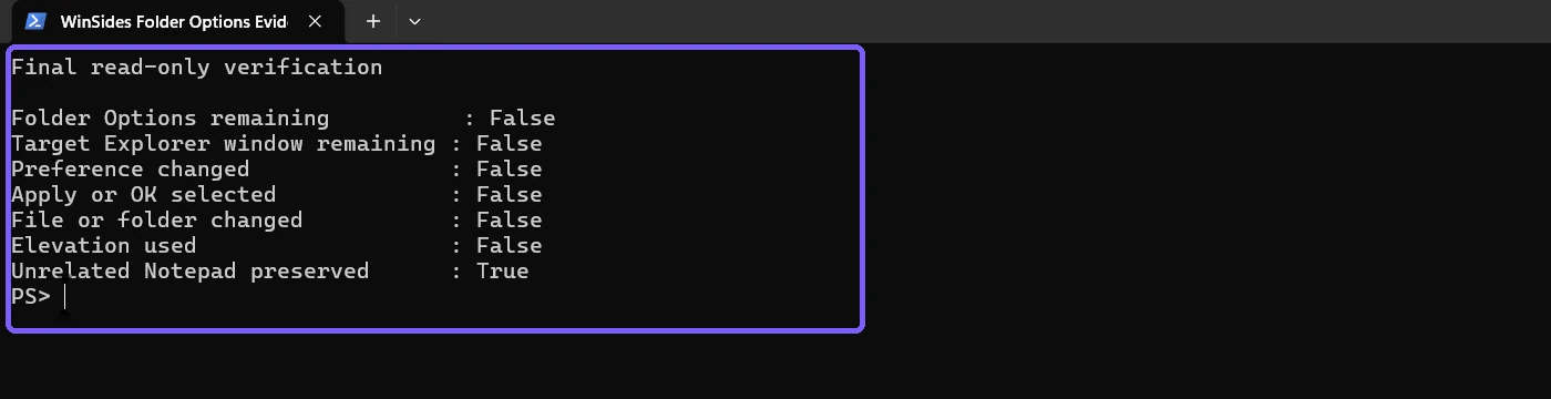 Anonymous PowerShell showing the final Folder Options no-residue verification