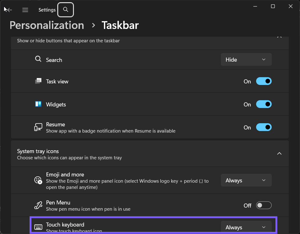 Touch keyboard icon set to Always in Windows 11 Taskbar settings