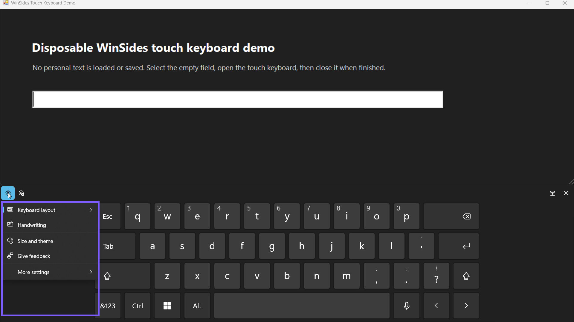 Touch keyboard layout and settings menu in Windows 11