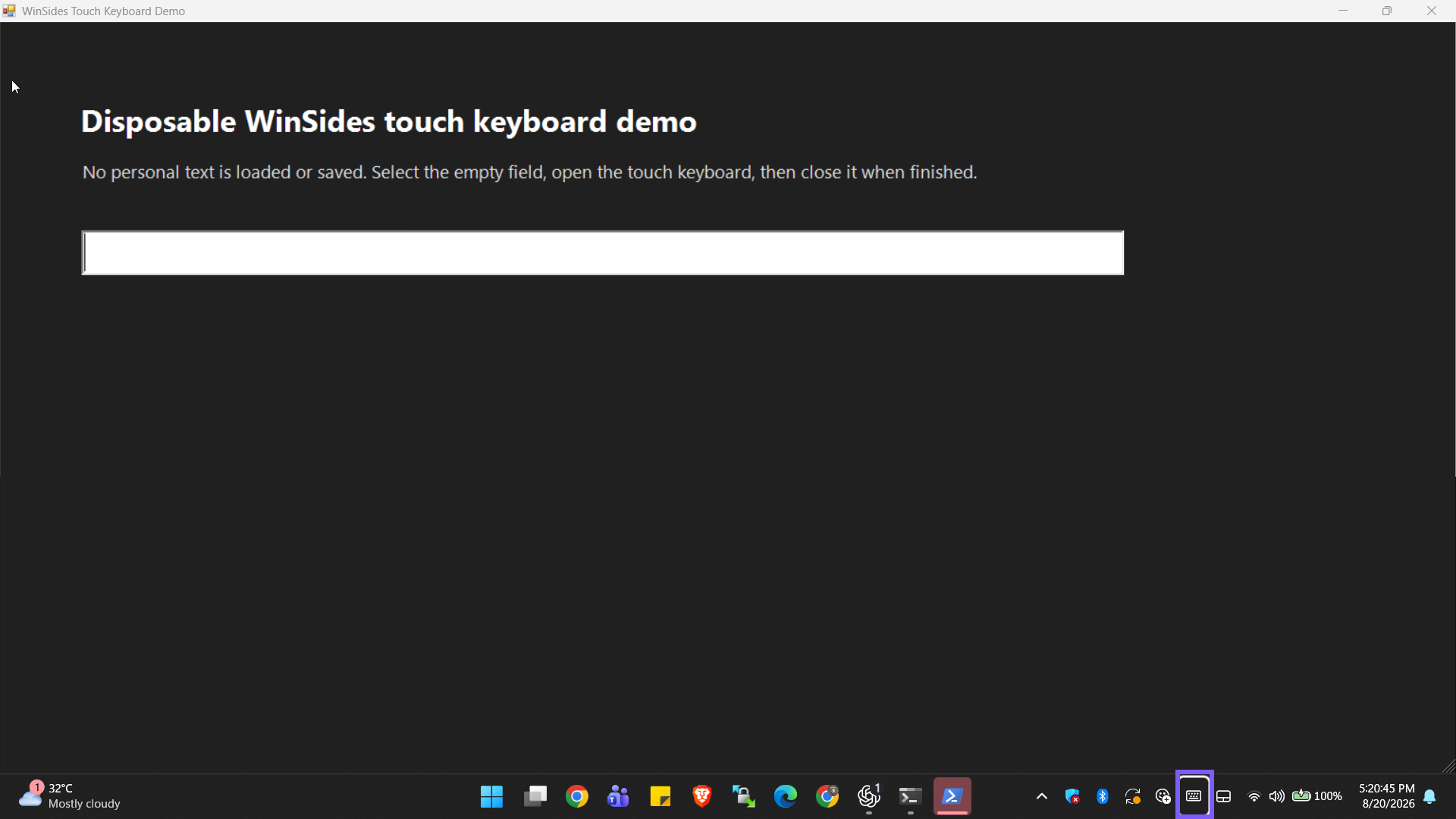 Touch keyboard closed with its taskbar icon still available