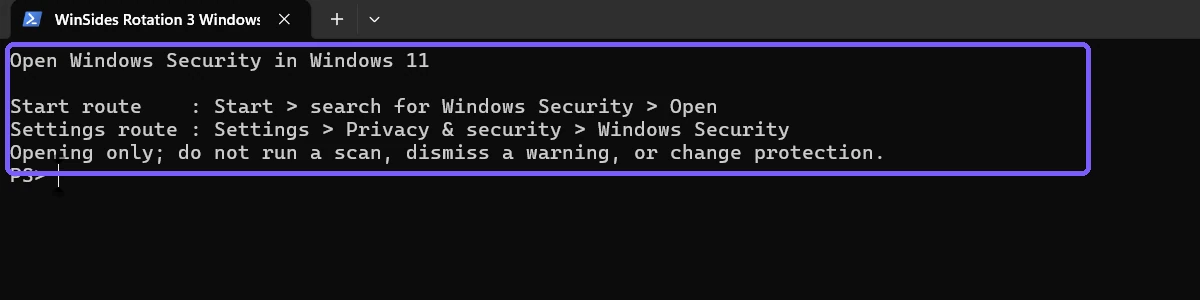 Anonymous PowerShell window showing Start search and Settings routes to Windows Security