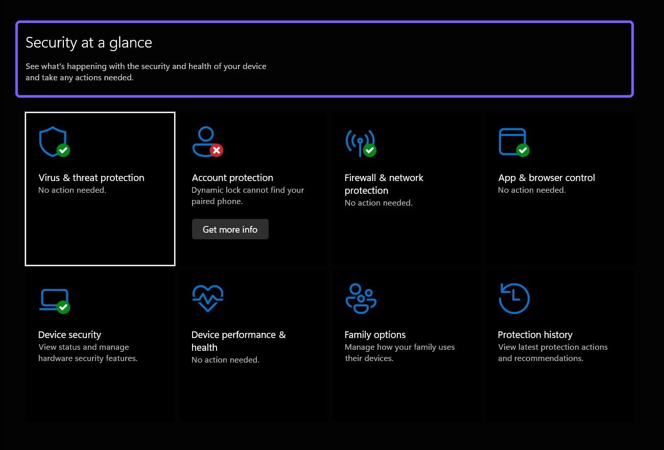 Windows Security home page showing protection areas at a glance