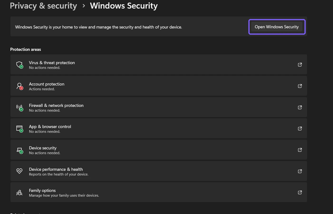 Windows 11 Privacy and security Windows Security page with Open Windows Security highlighted