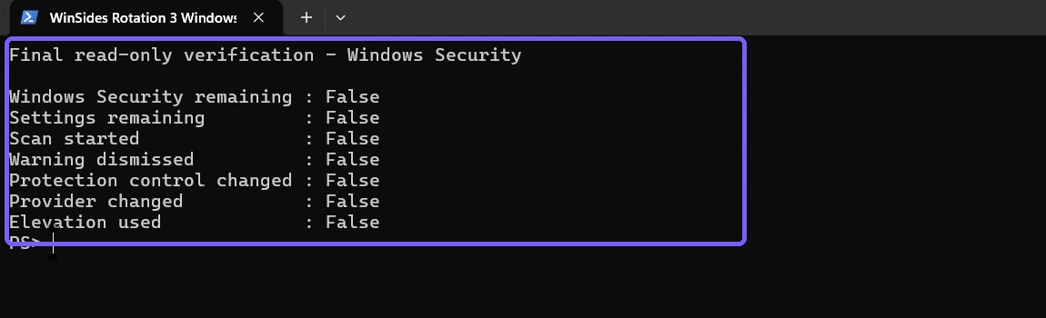 Anonymous PowerShell showing the final Windows Security no-change verification