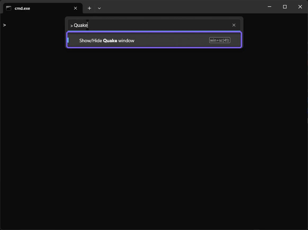 Windows Terminal Command Palette with Show Hide Quake window outlined in purple