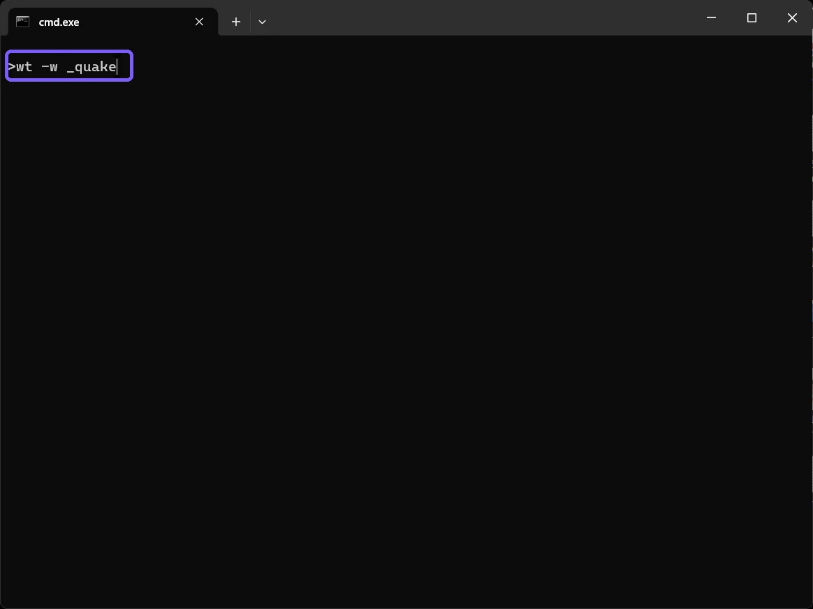 Windows Terminal showing wt dash w underscore quake outlined in purple